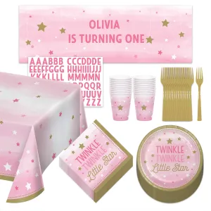Twinkle Little Star Pink and Gold Paper Dessert Plates, Lunch Napkins, Cups, Forks, Table Cover, and Banner (Serves 16)