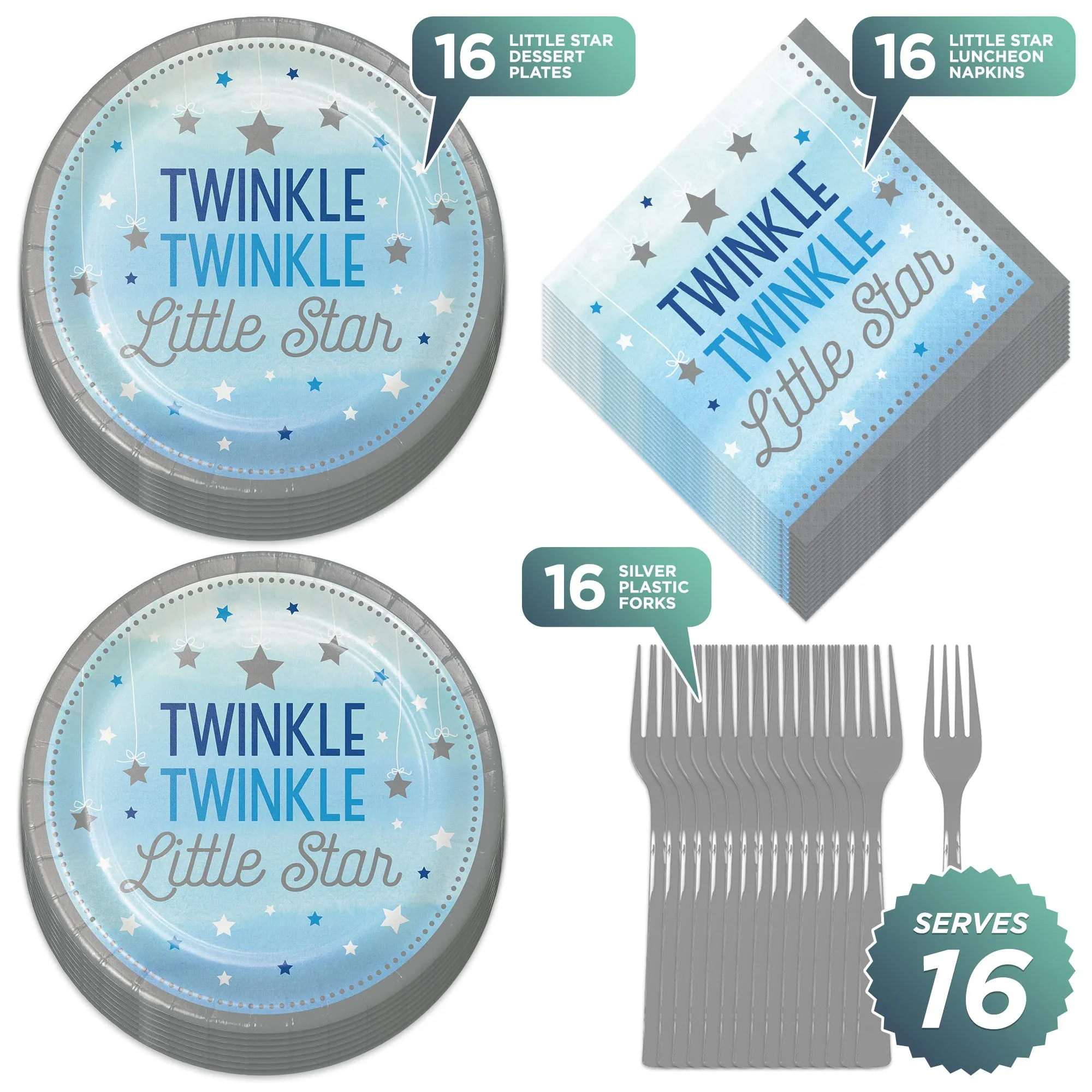 Twinkle, Twinkle Little Star Paper Plates, Lunch Napkins, and Forks (Serves 16)