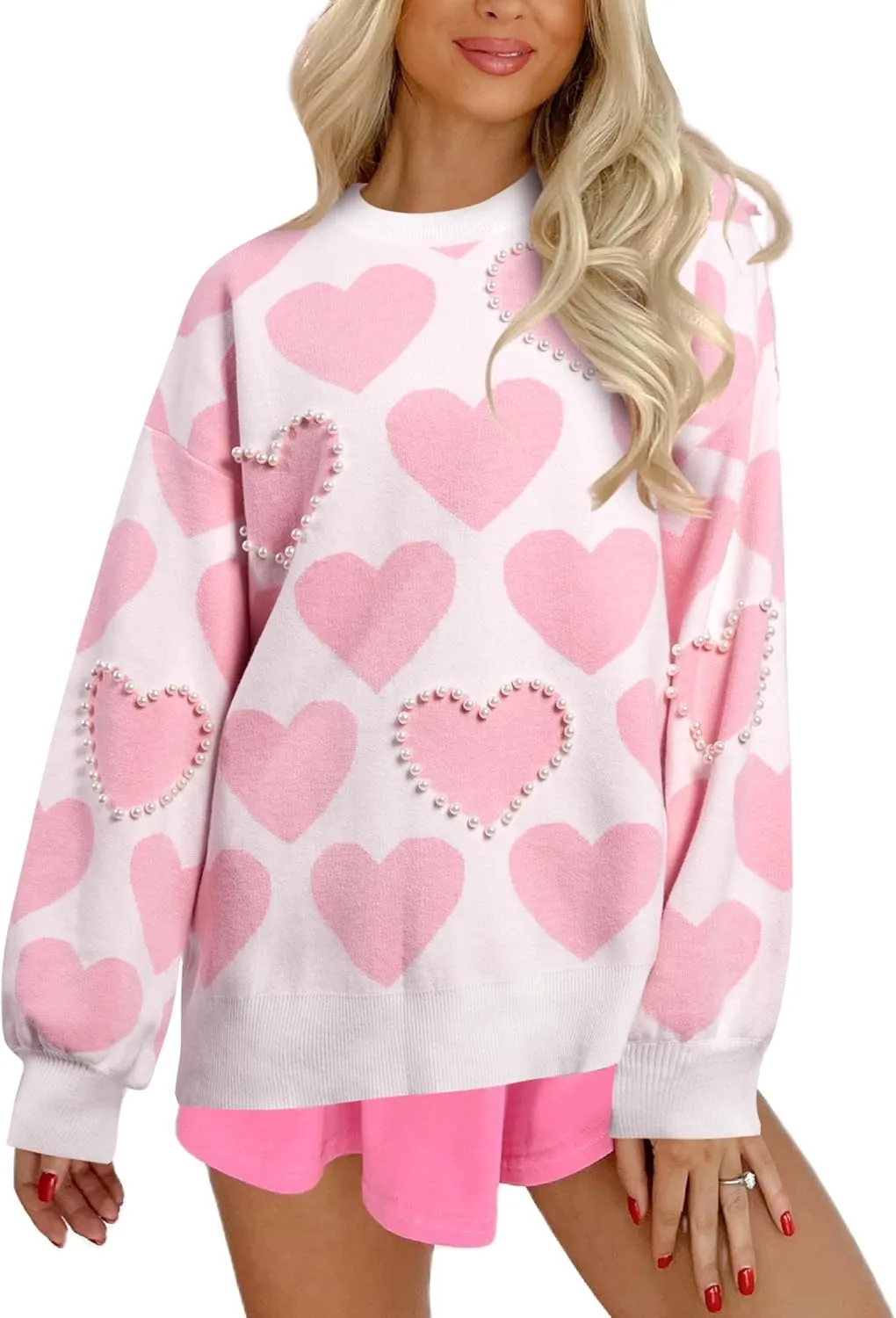 UNIQUEONE Valentines Sweater Women Love Sweatshirt Heart Graphic Knit Sweaters Valentine Day Oversized Crewneck Tops