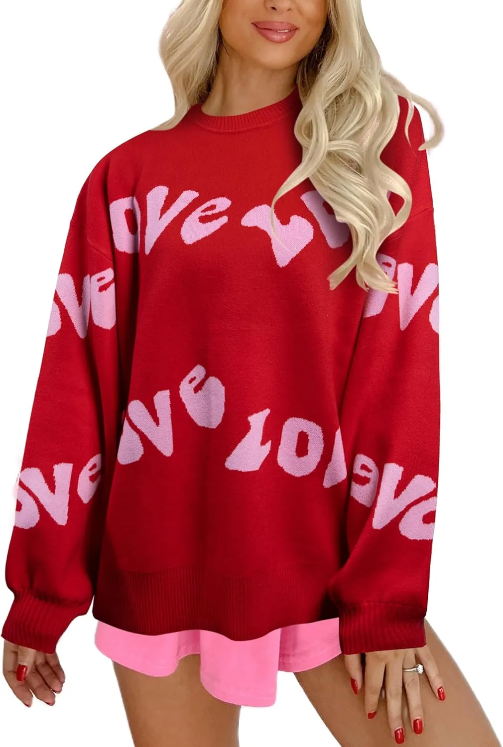 UNIQUEONE Valentines Sweater Women Love Sweatshirt Heart Graphic Knit Sweaters Valentine Day Oversized Crewneck Tops