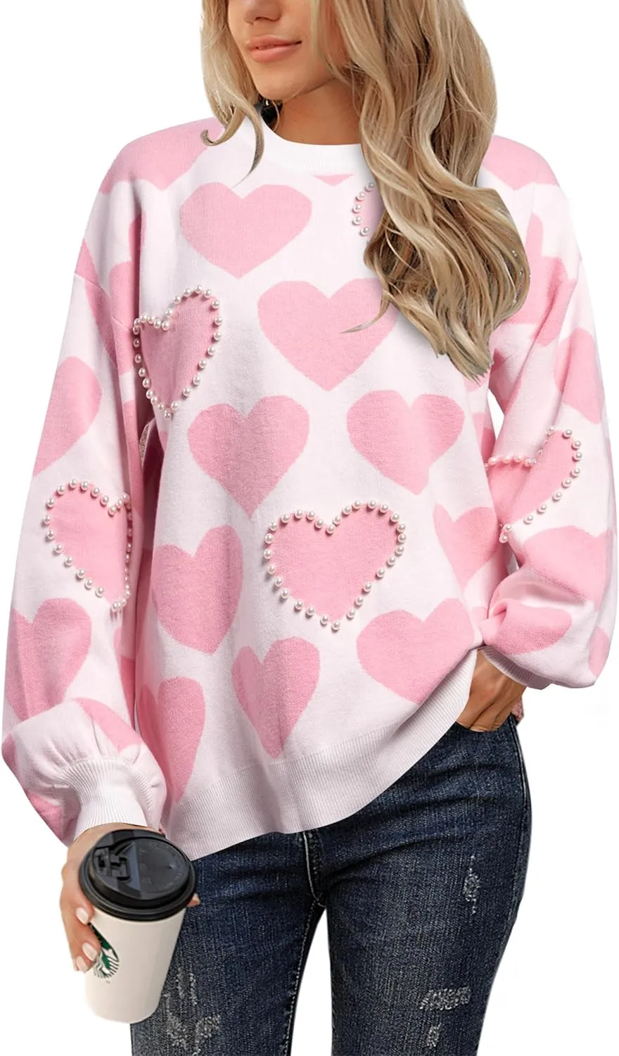UNIQUEONE Valentines Sweater Women Love Sweatshirt Heart Graphic Knit Sweaters Valentine Day Oversized Crewneck Tops