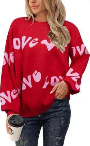 UNIQUEONE Valentines Sweater Women Love Sweatshirt Heart Graphic Knit Sweaters Valentine Day Oversized Crewneck Tops