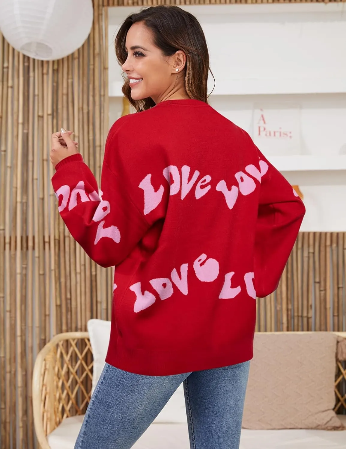 UNIQUEONE Valentines Sweater Women Love Sweatshirt Heart Graphic Knit Sweaters Valentine Day Oversized Crewneck Tops