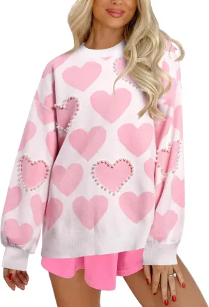 UNIQUEONE Valentines Sweater Women Love Sweatshirt Heart Graphic Knit Sweaters Valentine Day Oversized Crewneck Tops