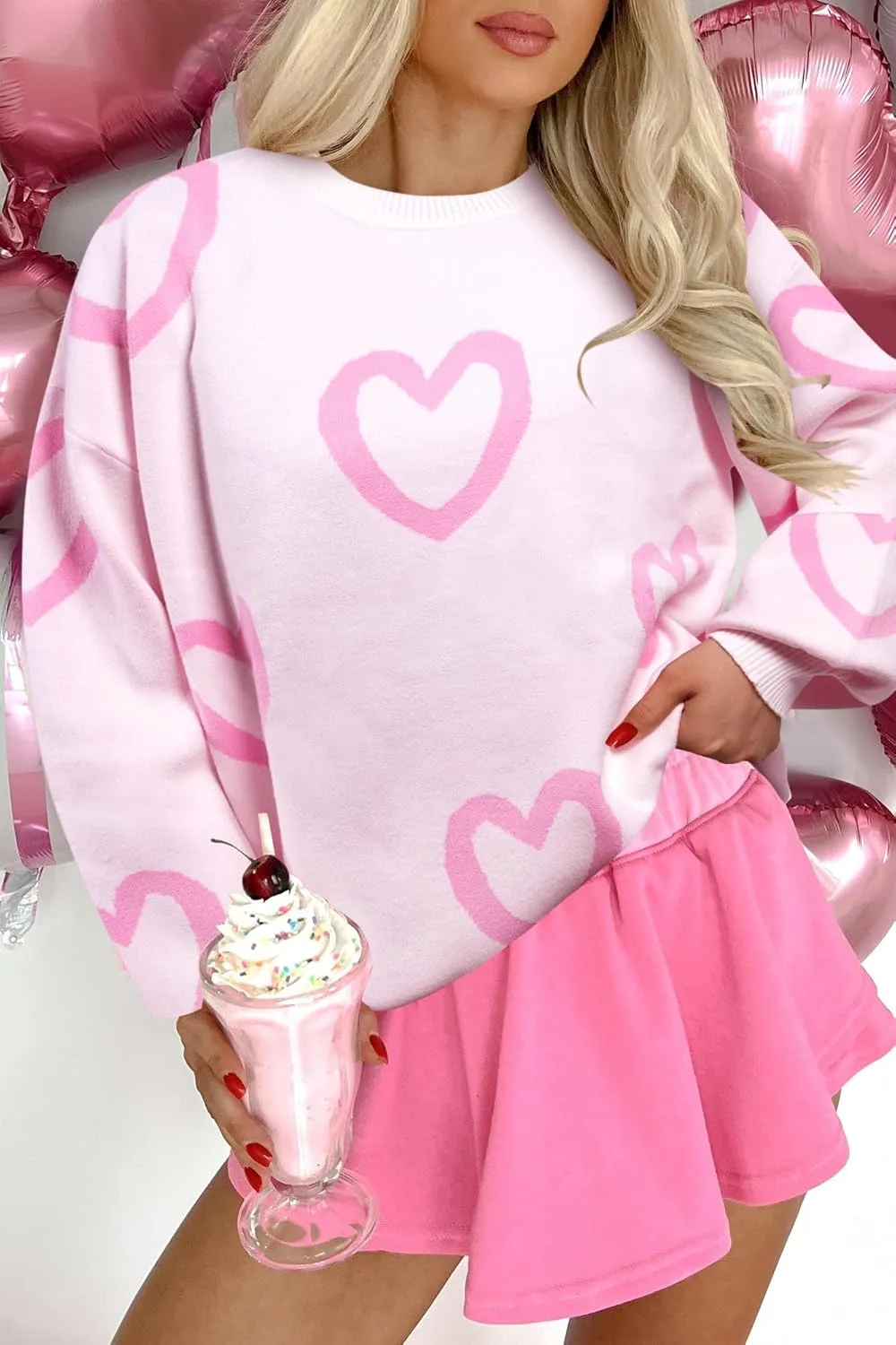 UNIQUEONE Valentines Sweater Women Love Sweatshirt Heart Graphic Knit Sweaters Valentine Day Oversized Crewneck Tops