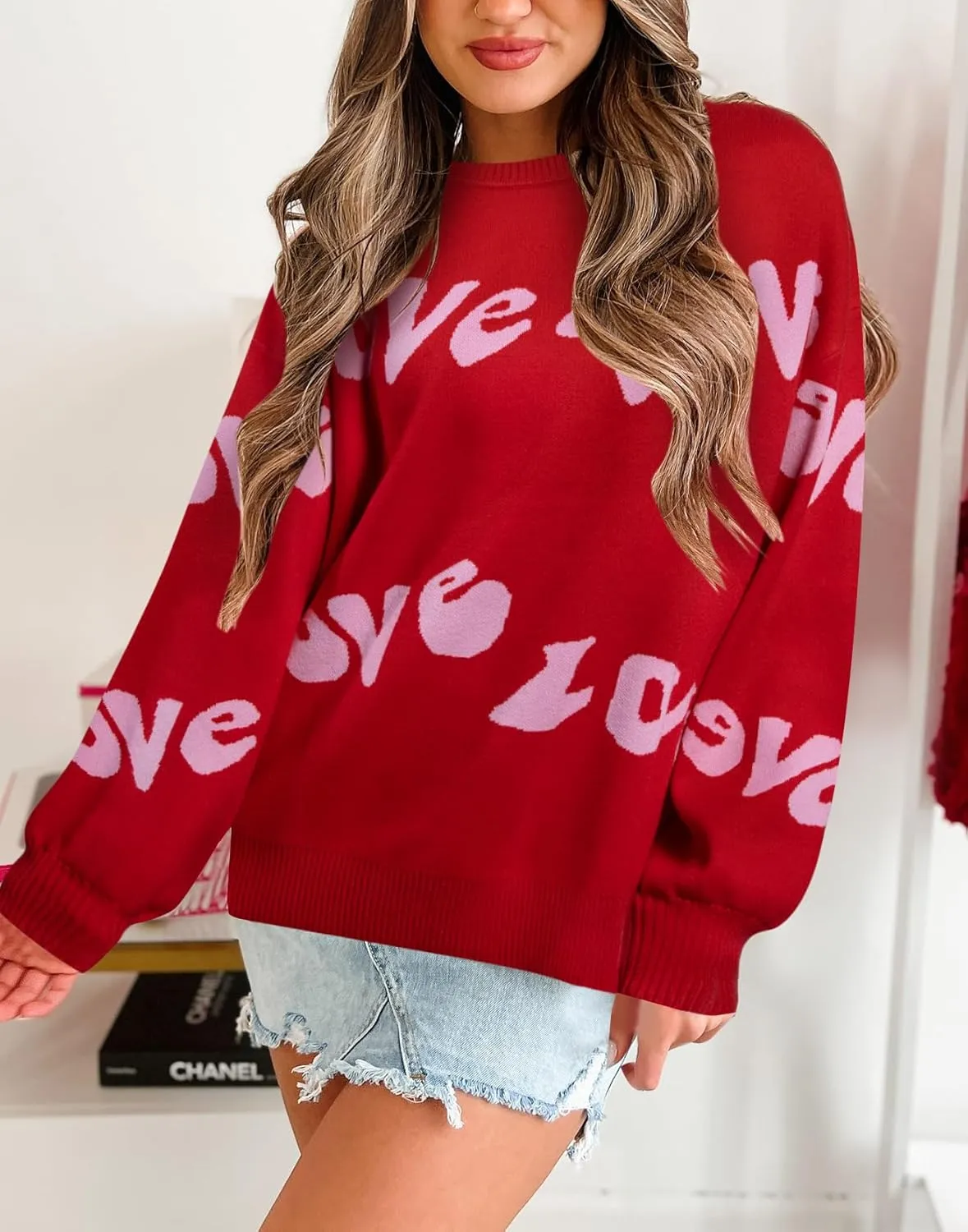 UNIQUEONE Valentines Sweater Women Love Sweatshirt Heart Graphic Knit Sweaters Valentine Day Oversized Crewneck Tops