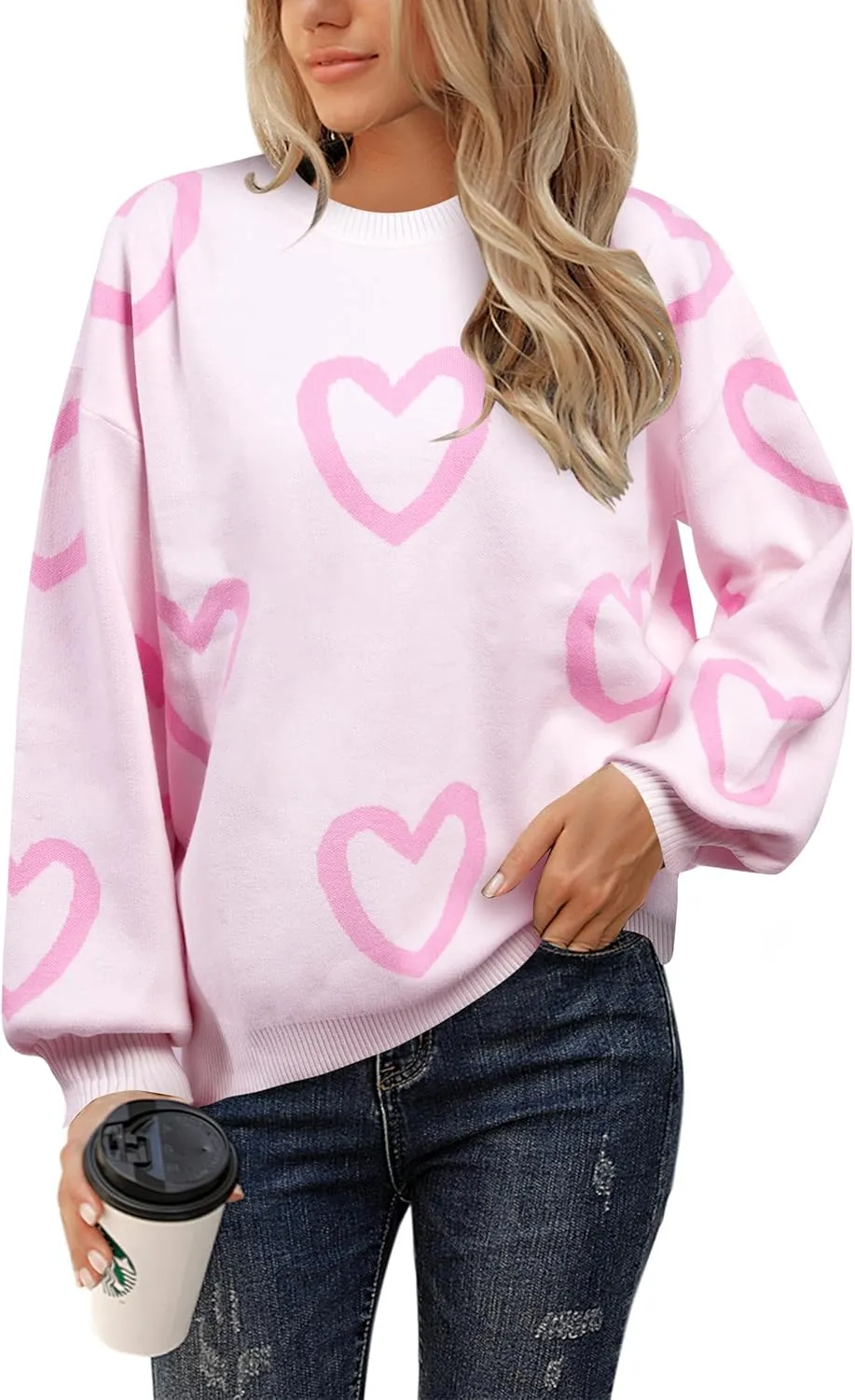 UNIQUEONE Valentines Sweater Women Love Sweatshirt Heart Graphic Knit Sweaters Valentine Day Oversized Crewneck Tops