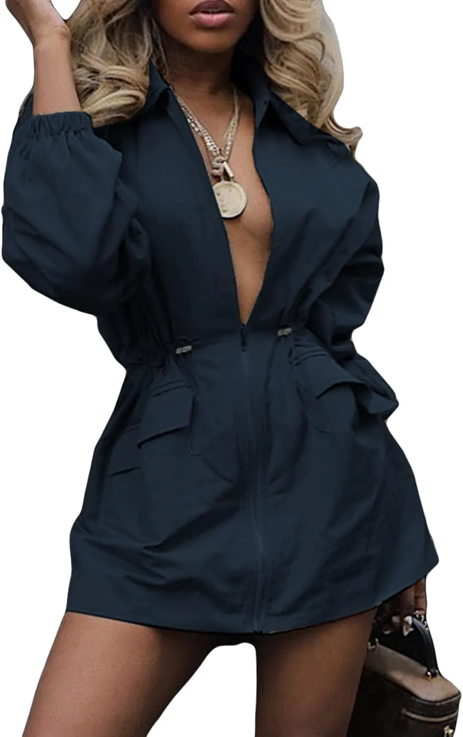 Unybwonn Women Long Sleeve Fall Casual Mini Dresses V Neck Zipper Cargo Safari Short Dress Drawstring Waist Dresses