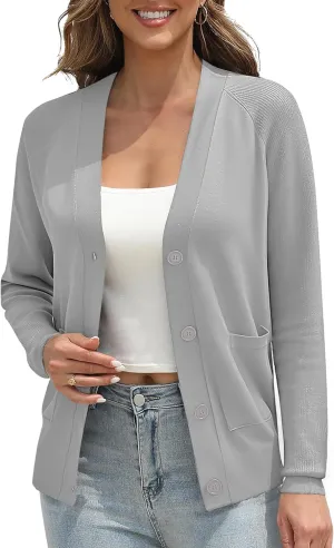 Urban CoCo Women's Long Sleeve Cropped Cardigan Sweater Button Down V Neck Knit Sweaters with Pockets