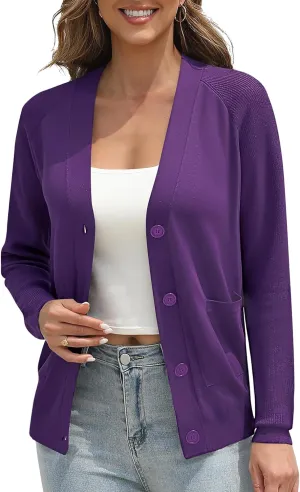Urban CoCo Women's Long Sleeve Cropped Cardigan Sweater Button Down V Neck Knit Sweaters with Pockets
