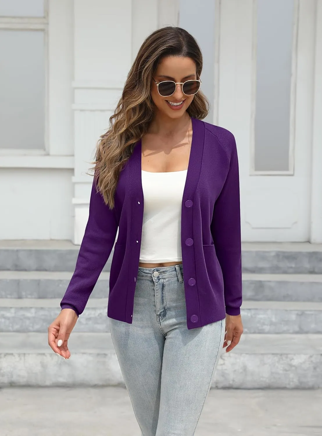 Urban CoCo Women's Long Sleeve Cropped Cardigan Sweater Button Down V Neck Knit Sweaters with Pockets