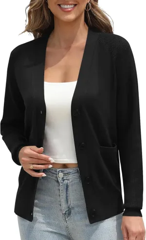 Urban CoCo Women's Long Sleeve Cropped Cardigan Sweater Button Down V Neck Knit Sweaters with Pockets