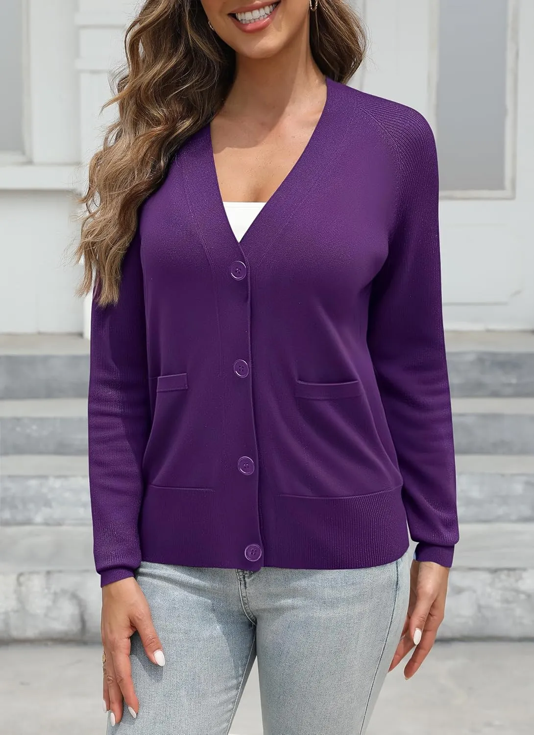 Urban CoCo Women's Long Sleeve Cropped Cardigan Sweater Button Down V Neck Knit Sweaters with Pockets