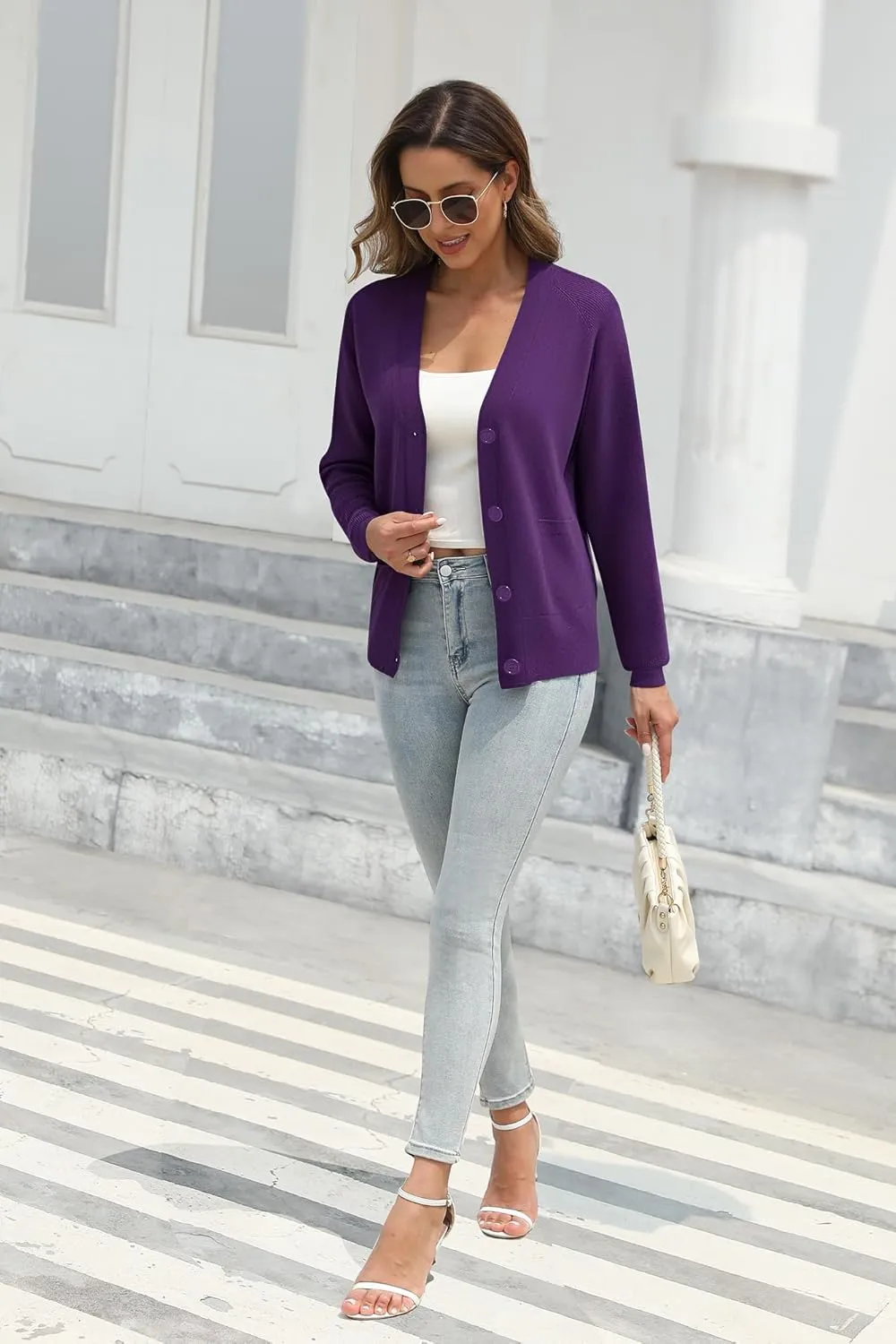 Urban CoCo Women's Long Sleeve Cropped Cardigan Sweater Button Down V Neck Knit Sweaters with Pockets