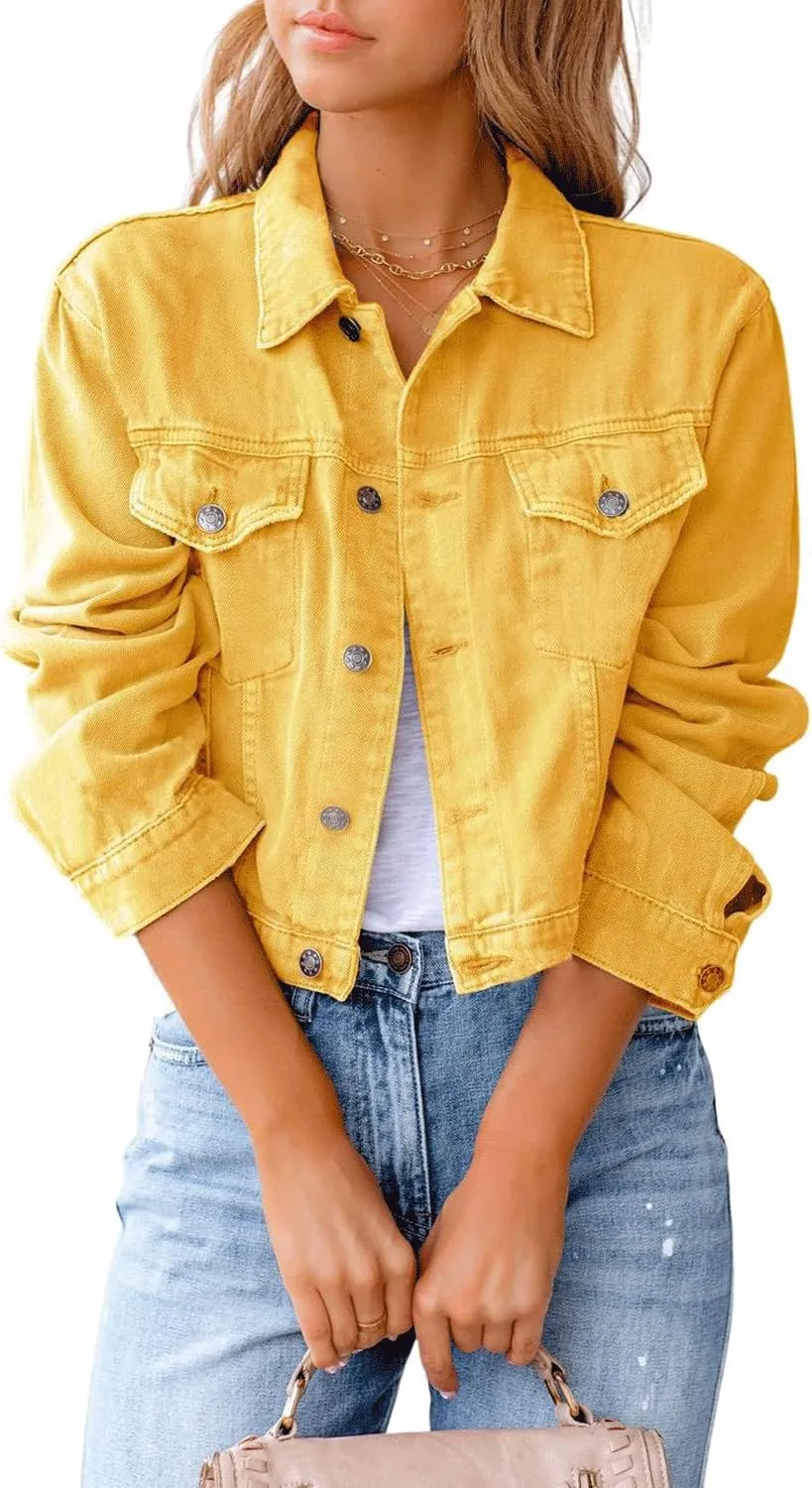 utcoco Denim Jacket for Women 2024 Casual Basic Button Down Long Sleeve Vintage Cropped Jean Jackets