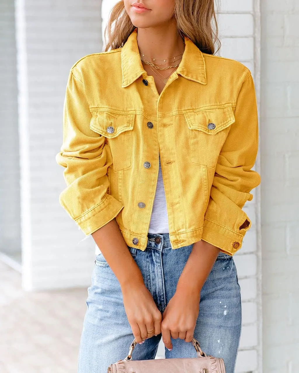 utcoco Denim Jacket for Women 2024 Casual Basic Button Down Long Sleeve Vintage Cropped Jean Jackets