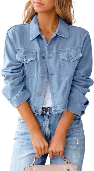 utcoco Denim Jacket for Women 2024 Casual Basic Button Down Long Sleeve Vintage Cropped Jean Jackets