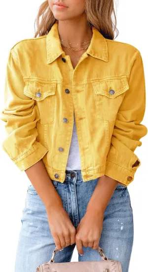 utcoco Denim Jacket for Women 2024 Casual Basic Button Down Long Sleeve Vintage Cropped Jean Jackets