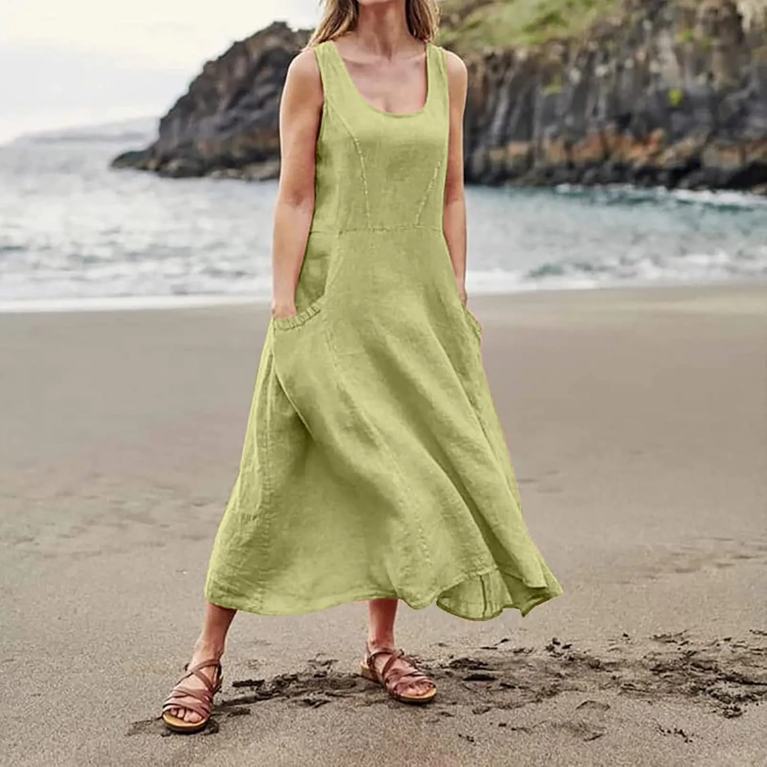 Vacation Dresses for Women 2025 Beach Summer Sleeveless Linen Maxi Dress Boho Flowy Plus Size Sun Dresses with Pocket