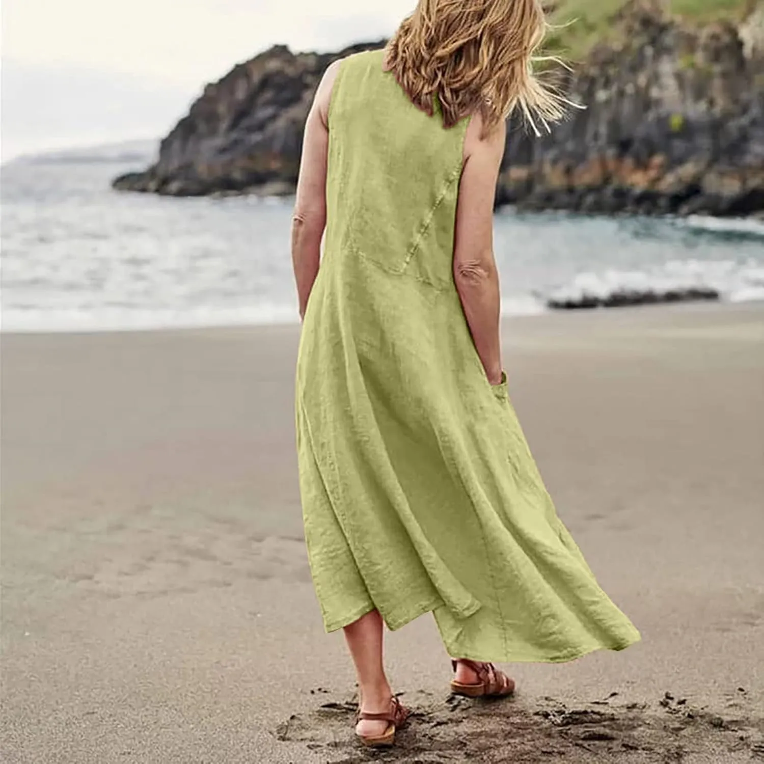 Vacation Dresses for Women 2025 Beach Summer Sleeveless Linen Maxi Dress Boho Flowy Plus Size Sun Dresses with Pocket