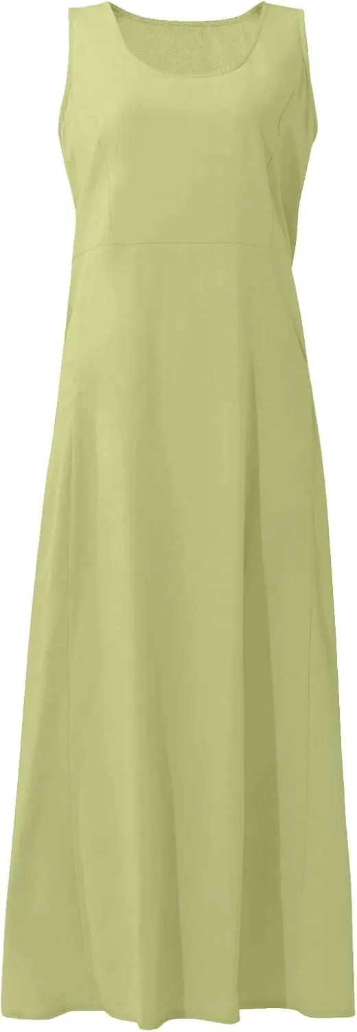 Vacation Dresses for Women 2025 Beach Summer Sleeveless Linen Maxi Dress Boho Flowy Plus Size Sun Dresses with Pocket