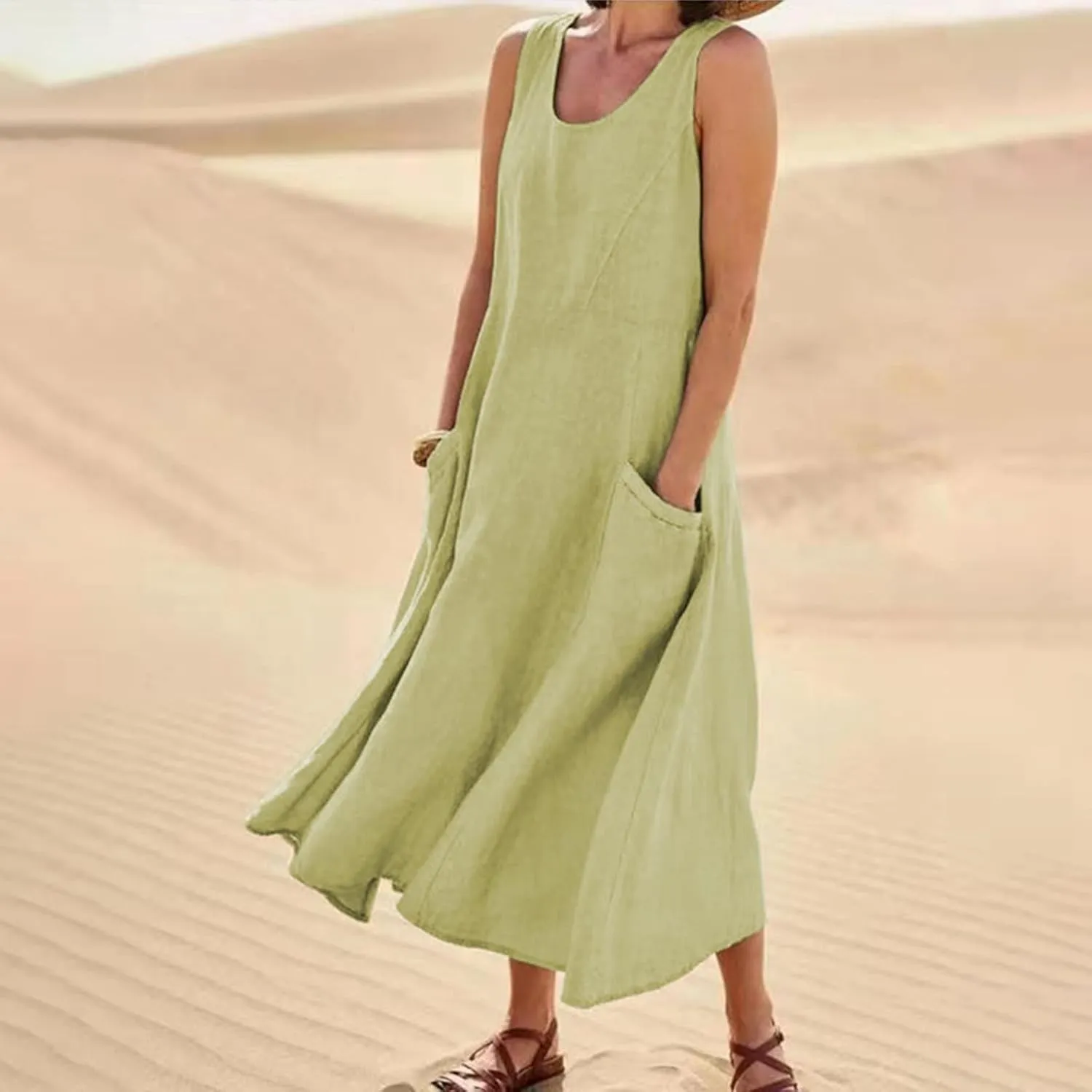 Vacation Dresses for Women 2025 Beach Summer Sleeveless Linen Maxi Dress Boho Flowy Plus Size Sun Dresses with Pocket