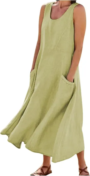 Vacation Dresses for Women 2025 Beach Summer Sleeveless Linen Maxi Dress Boho Flowy Plus Size Sun Dresses with Pocket