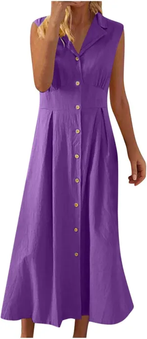 Vacation Dresses for Women 2025 Casual Beach Sundress Cotton Linen Vacation Loose Flowy V Neck Button Down Dress