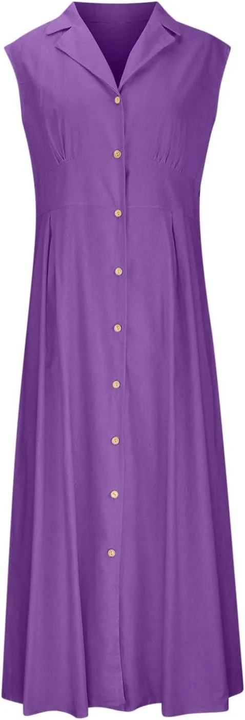 Vacation Dresses for Women 2025 Casual Beach Sundress Cotton Linen Vacation Loose Flowy V Neck Button Down Dress
