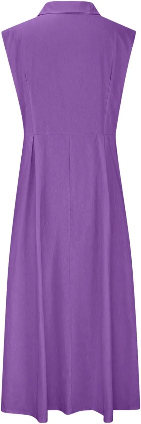Vacation Dresses for Women 2025 Casual Beach Sundress Cotton Linen Vacation Loose Flowy V Neck Button Down Dress