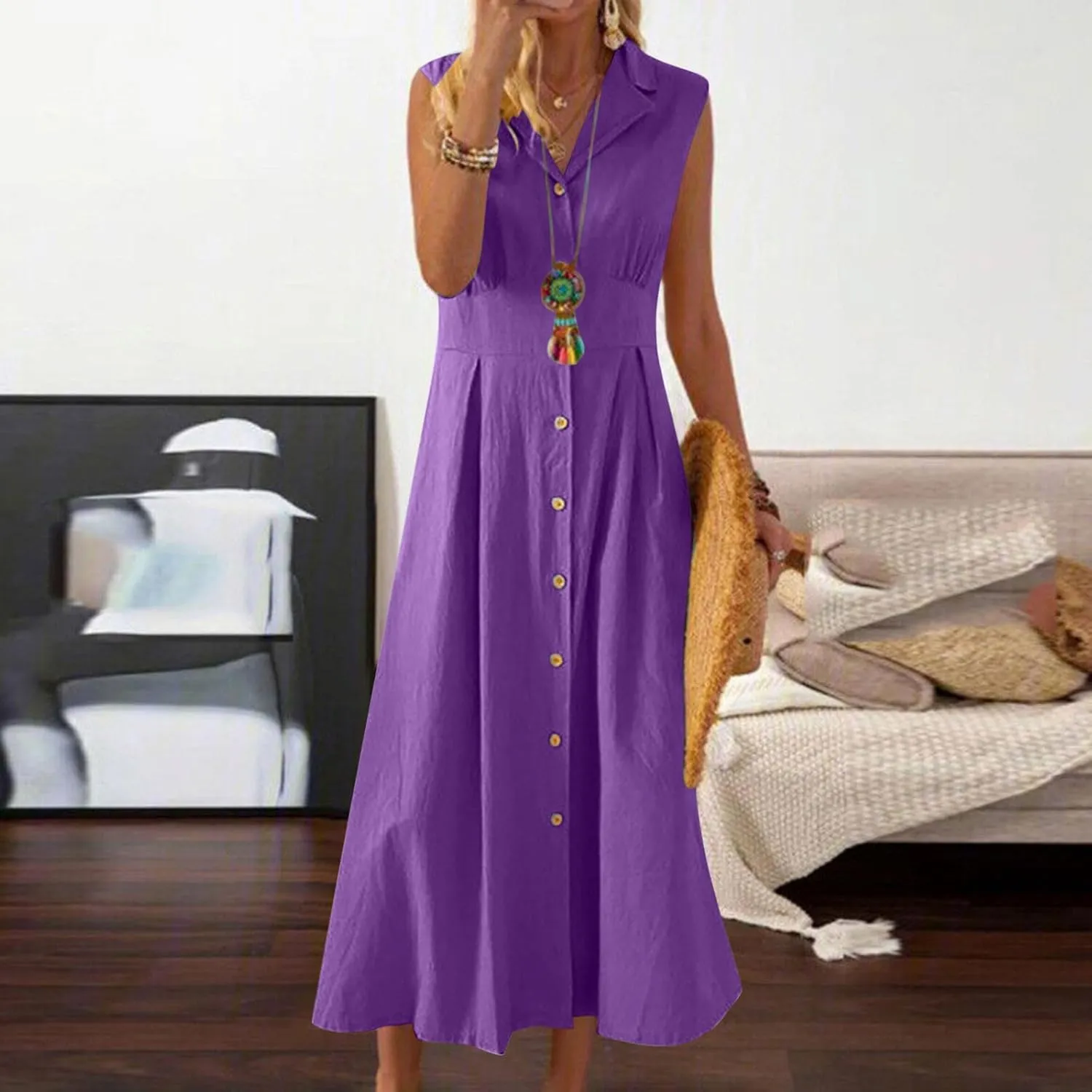 Vacation Dresses for Women 2025 Casual Beach Sundress Cotton Linen Vacation Loose Flowy V Neck Button Down Dress