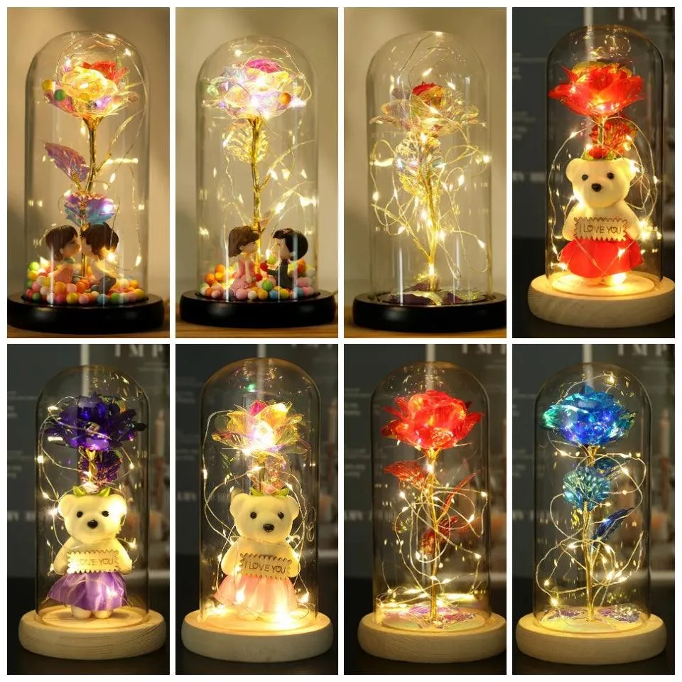 Valentines Day Gift LED Light String Colorful Gold Foil Rose Flowers Enchanted Rainbow in Glass Dome