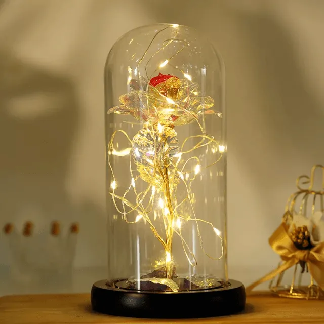 Valentines Day Gift LED Light String Colorful Gold Foil Rose Flowers Enchanted Rainbow in Glass Dome