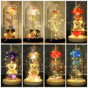 Valentines Day Gift LED Light String Colorful Gold Foil Rose Flowers Enchanted Rainbow in Glass Dome