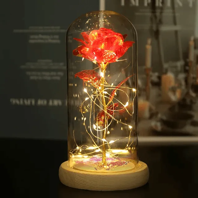 Valentines Day Gift LED Light String Colorful Gold Foil Rose Flowers Enchanted Rainbow in Glass Dome