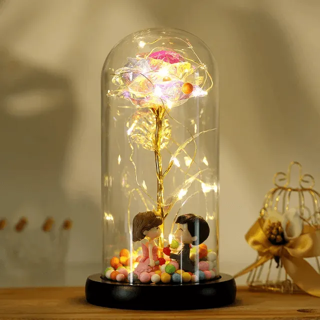 Valentines Day Gift LED Light String Colorful Gold Foil Rose Flowers Enchanted Rainbow in Glass Dome