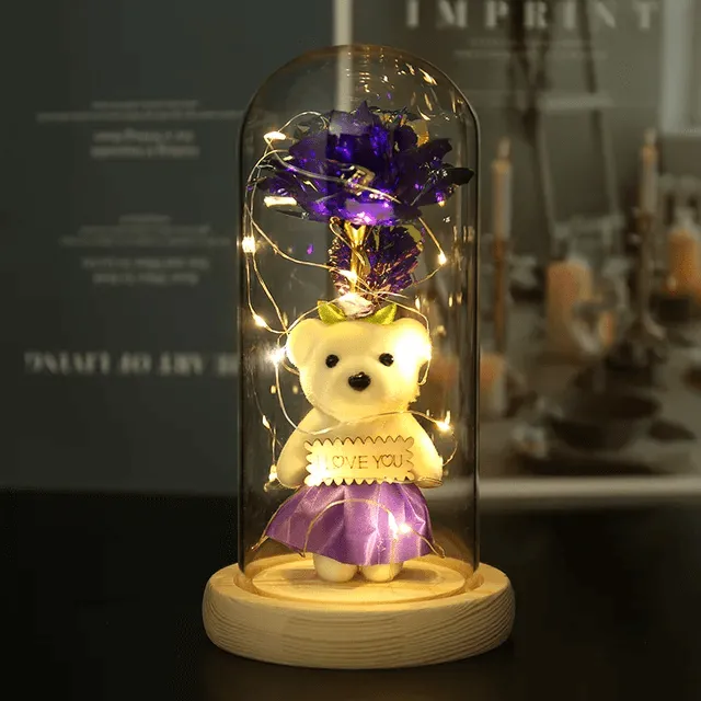 Valentines Day Gift LED Light String Colorful Gold Foil Rose Flowers Enchanted Rainbow in Glass Dome