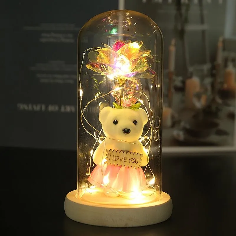 Valentines Day Gift LED Light String Colorful Gold Foil Rose Flowers Enchanted Rainbow in Glass Dome