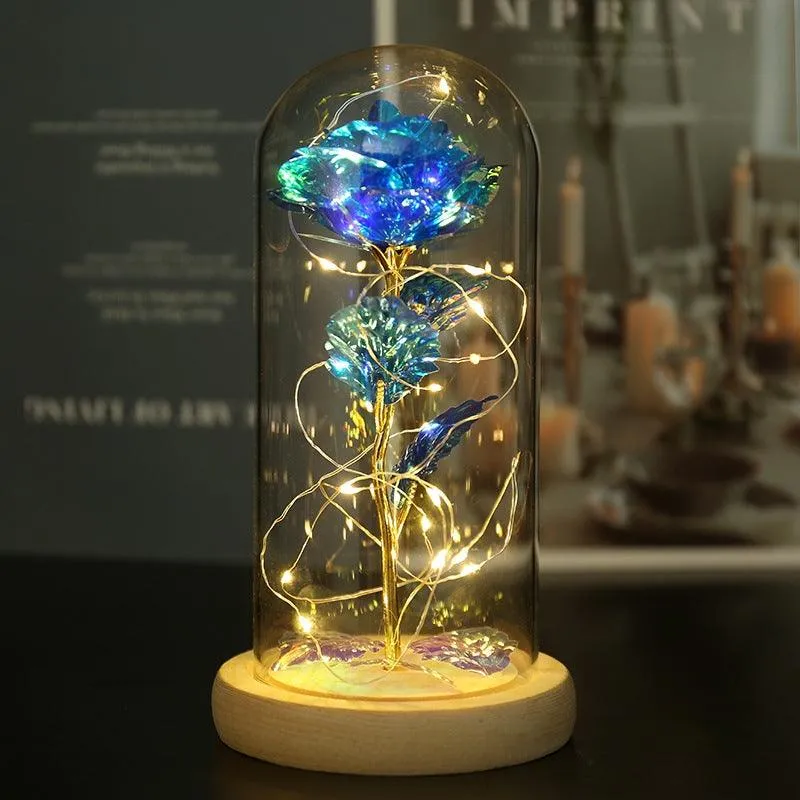 Valentines Day Gift LED Light String Colorful Gold Foil Rose Flowers Enchanted Rainbow in Glass Dome