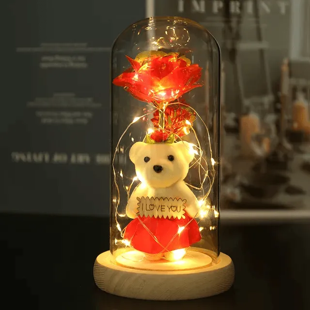 Valentines Day Gift LED Light String Colorful Gold Foil Rose Flowers Enchanted Rainbow in Glass Dome