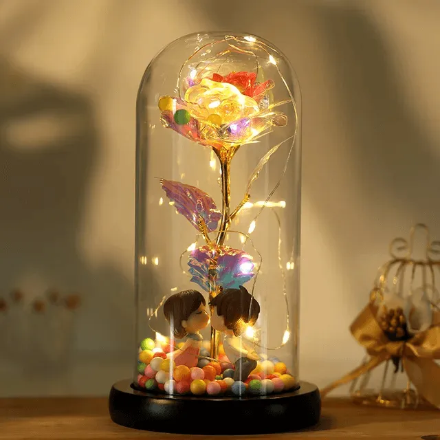 Valentines Day Gift LED Light String Colorful Gold Foil Rose Flowers Enchanted Rainbow in Glass Dome