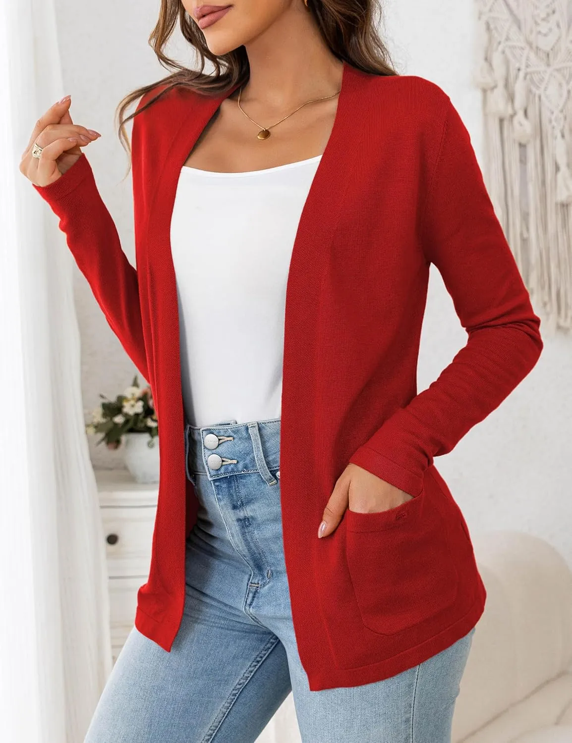 VERABENDI Womens Lightweight Open Front Long Sleeve Cardigan Sweaters for Women with Pockets S-XL