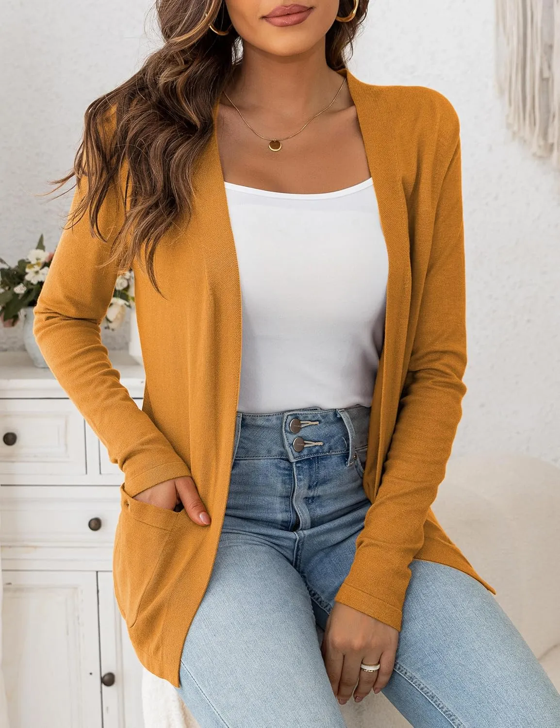 VERABENDI Womens Lightweight Open Front Long Sleeve Cardigan Sweaters for Women with Pockets S-XL