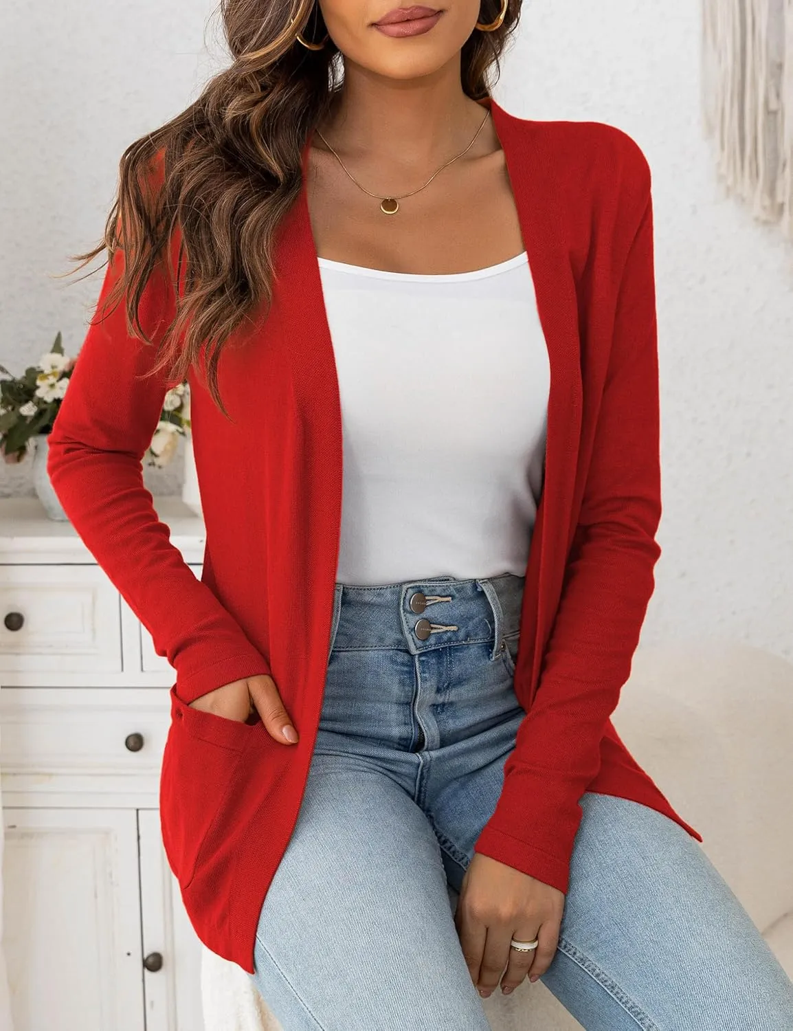 VERABENDI Womens Lightweight Open Front Long Sleeve Cardigan Sweaters for Women with Pockets S-XL