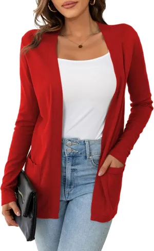 VERABENDI Womens Lightweight Open Front Long Sleeve Cardigan Sweaters for Women with Pockets S-XL