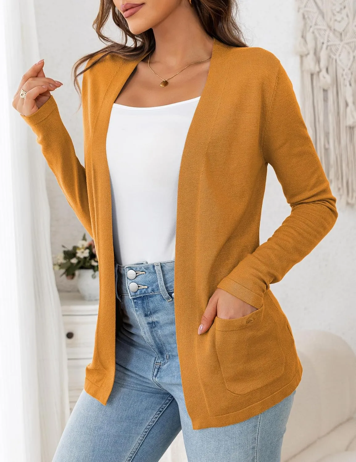 VERABENDI Womens Lightweight Open Front Long Sleeve Cardigan Sweaters for Women with Pockets S-XL