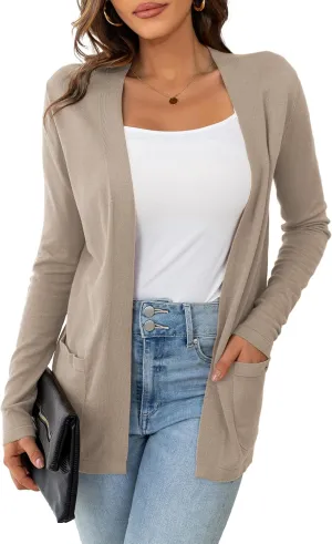 VERABENDI Womens Lightweight Open Front Long Sleeve Cardigan Sweaters for Women with Pockets S-XL