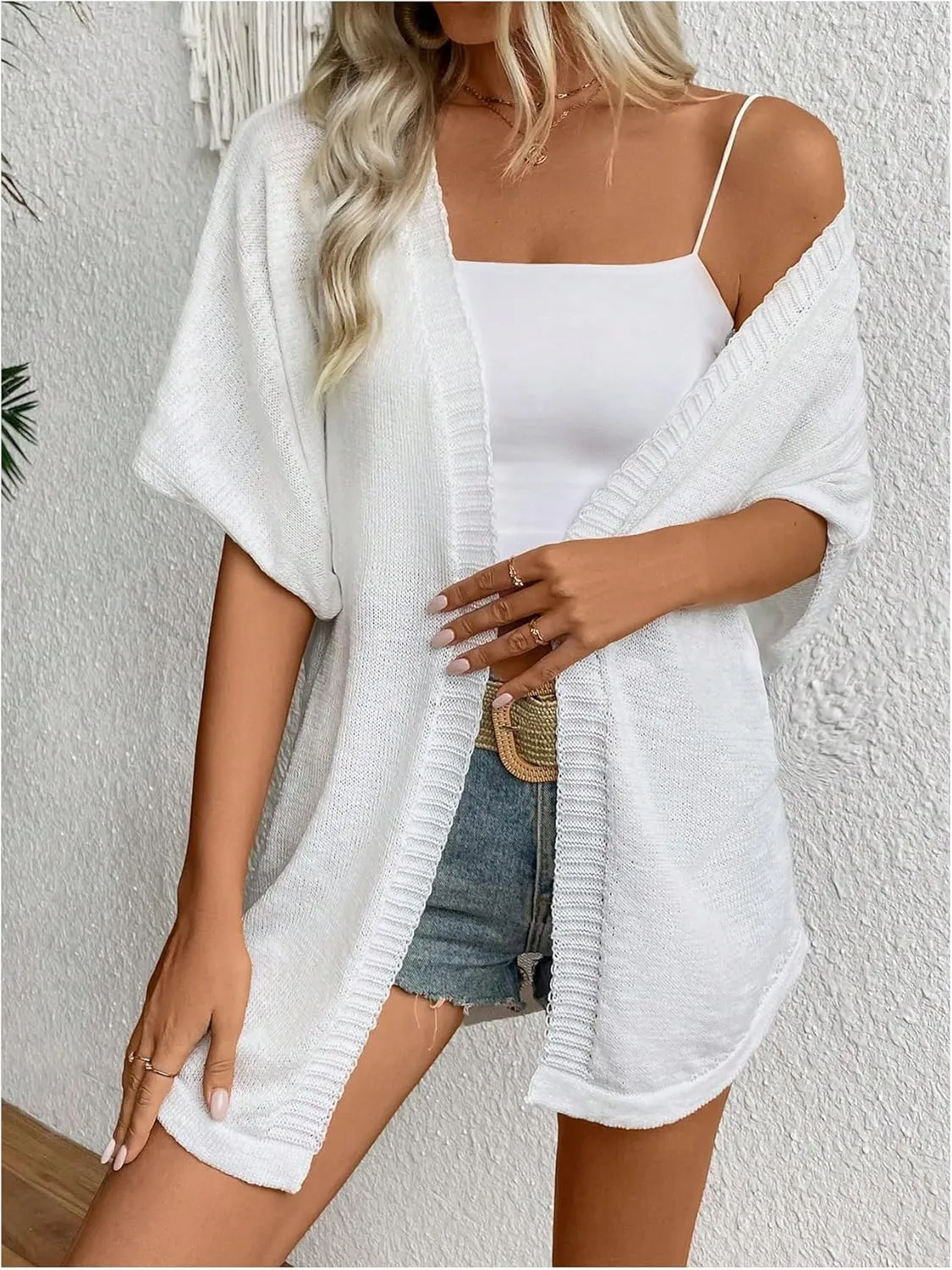 Verdusa Women's Half Sleeve Open Front Loose Knit Cardigan Sweaters