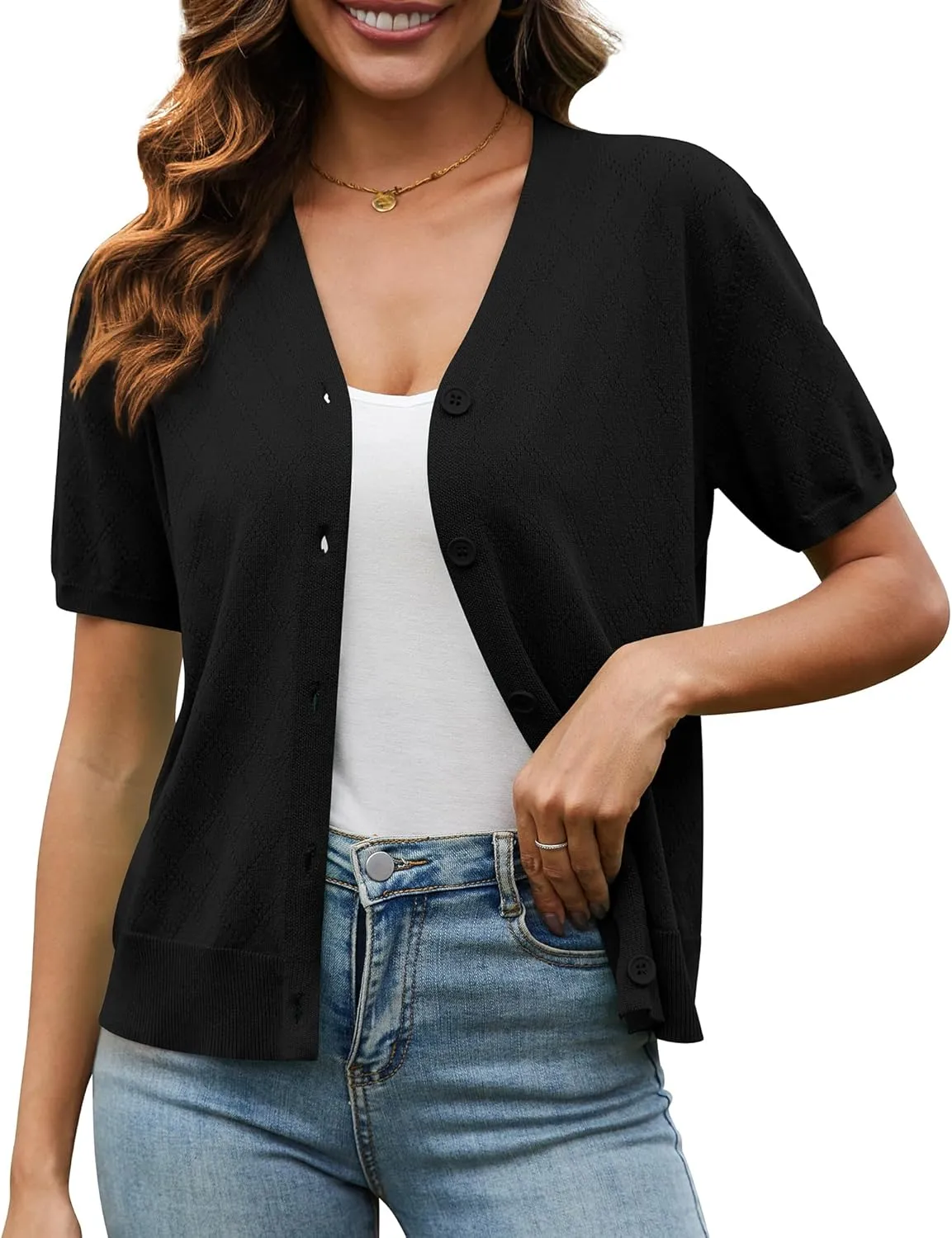 VIISHOW Short Sleeve Lightweight Summer Cardigan for Women, Button Down Open Front V Neck Crochet Knit Cropped Bolero Shrugs
