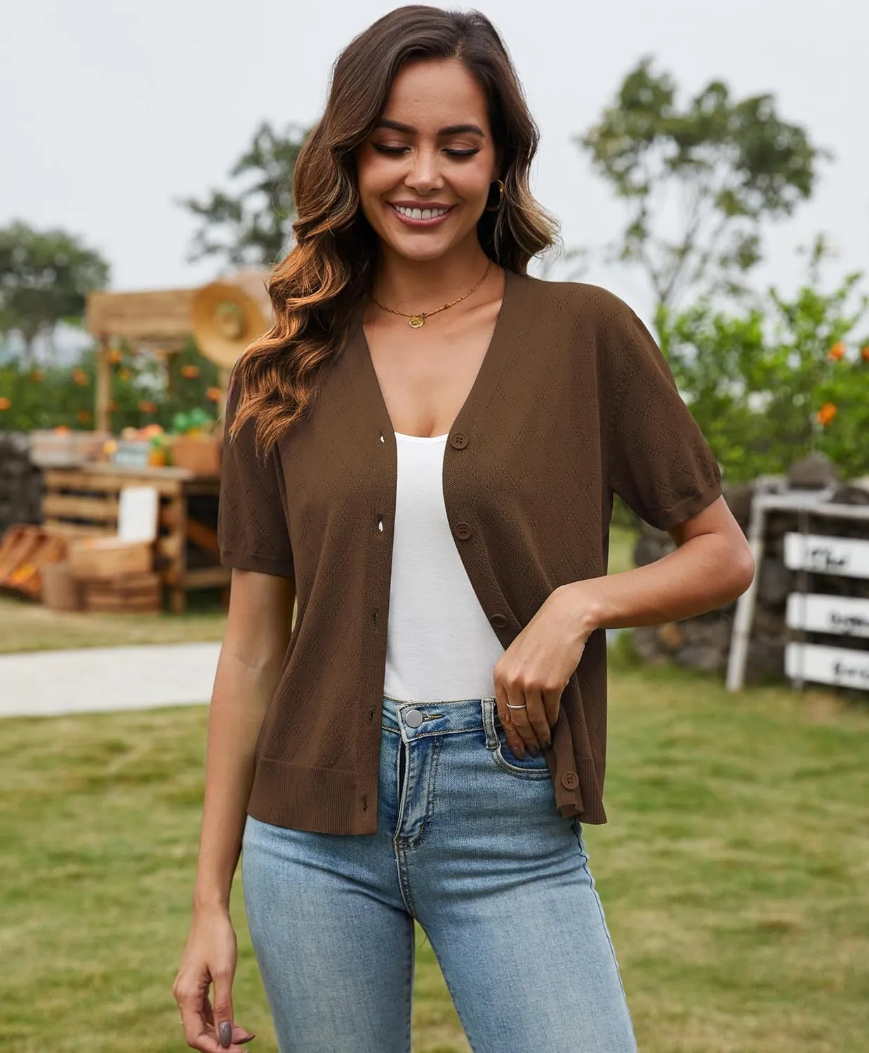 VIISHOW Short Sleeve Lightweight Summer Cardigan for Women, Button Down Open Front V Neck Crochet Knit Cropped Bolero Shrugs